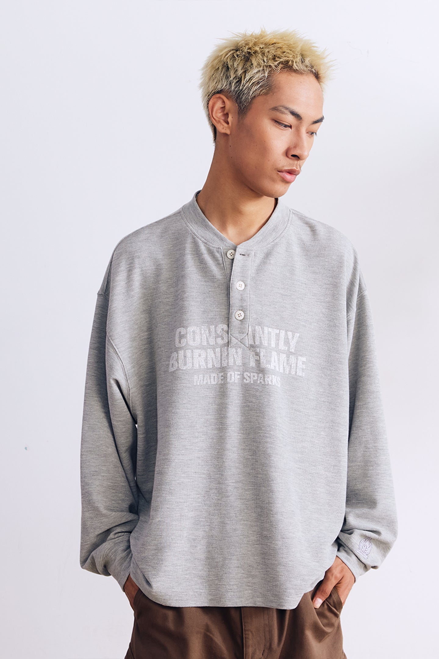 BURNIN*97'Series Worn Slogan Waffle Henley Collar Long Sleeve T-shirt - PSYLOS 1, BURNIN*97'Series Worn Slogan Waffle Henley Collar Long Sleeve T-shirt, T-shirt, Burnin, PSYLOS 1